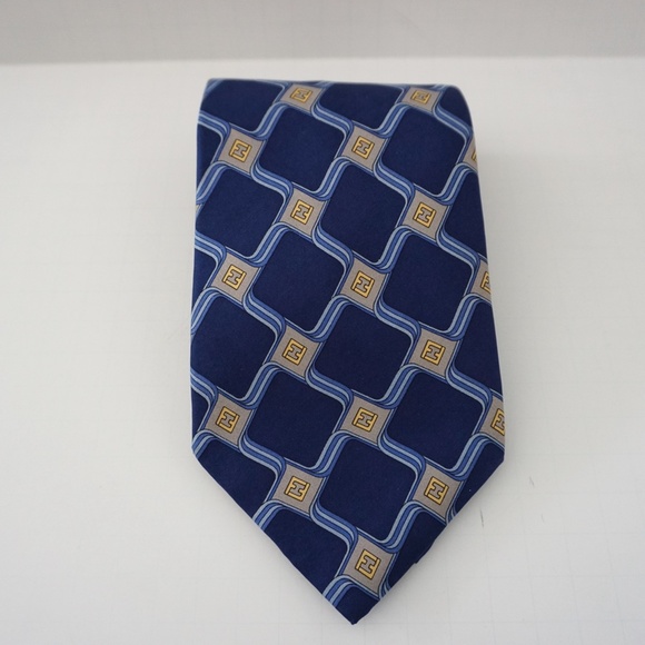 Men's FENDI FF Logo Blue Silk Printed Classic Tie - Picture 2 of 5